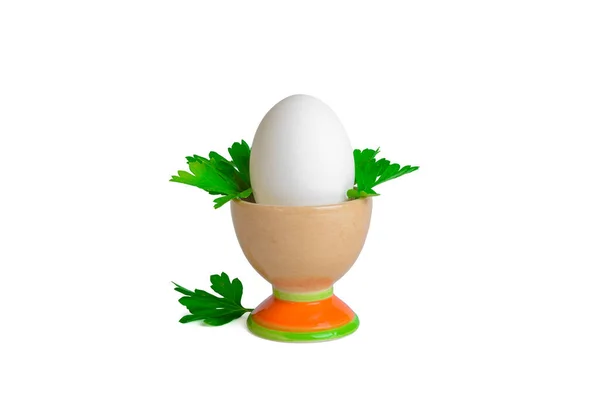 Uovo Bianco Con Prezzemolo Bicchiere Uovo Isolato Sfondo Bianco Con — Foto Stock