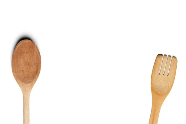 木勺和叉子 被白色背景隔离 顶部视图 — 图库照片