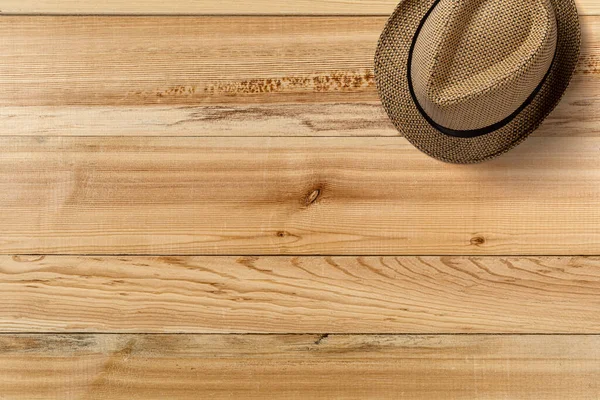 Sombrero Sobre Mesa Madera Vista Superior Elemento Concepto Viaje Verano — Foto de Stock