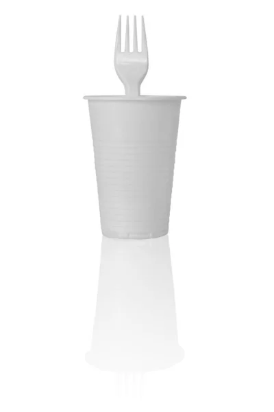 Пластик Кубок Виделкою Ньому Відокремлені Білому Фоні — стокове фото