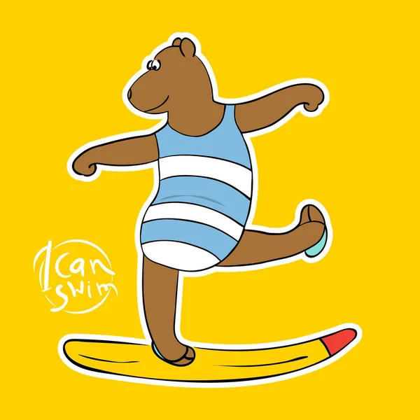 Cute Cartoon Bear Stroju Kąpielowym Temat Czasu Letniego Ilustracja Wektora — Wektor stockowy