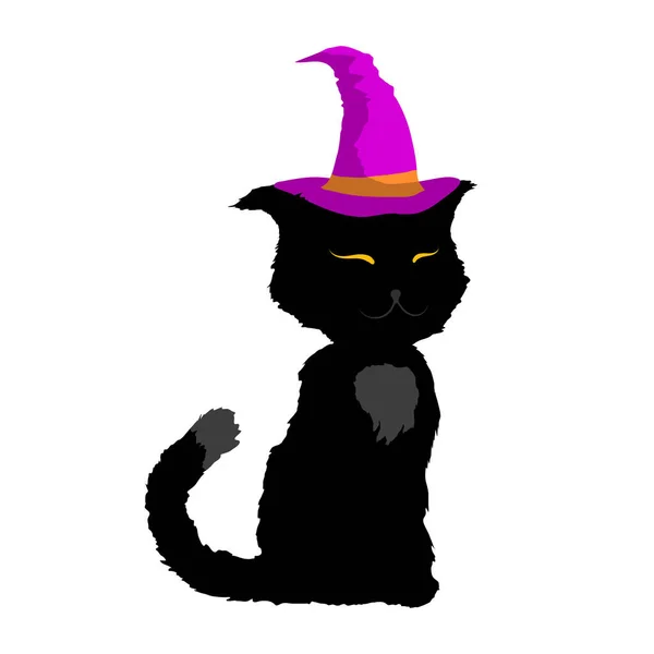 Svart Kattsiluett Med Häxkatt Halloweensymbolerna Vektorillustration — Stock vektor