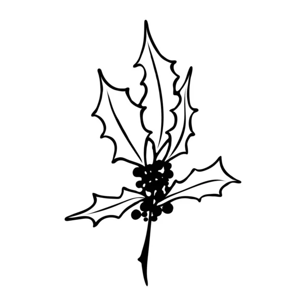 Une Branche Houx Symbole Noël Illustration Vectorielle Noir Blanc — Image vectorielle