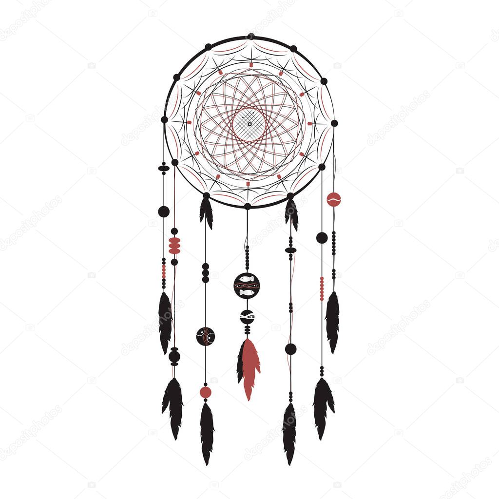 Dream Catcher. Native American Indian Talisman with Beads and Feathers. Vector Illustration.