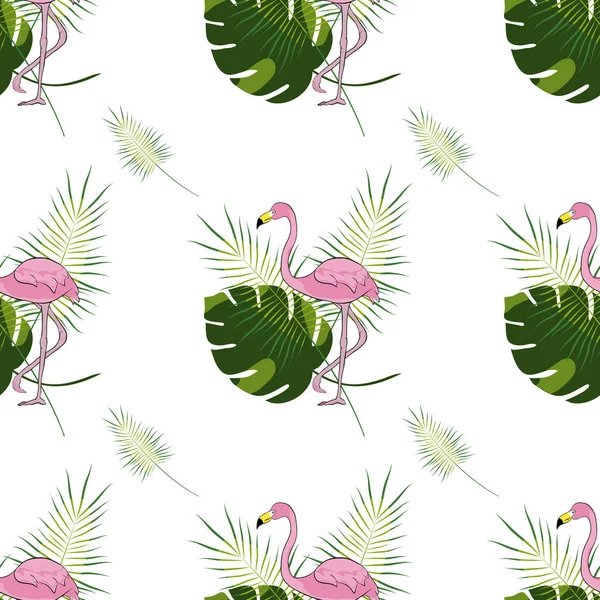 Flamingo Bird Tropical Plants Leaves Seamless Background Vector Illustration — Stock Vector