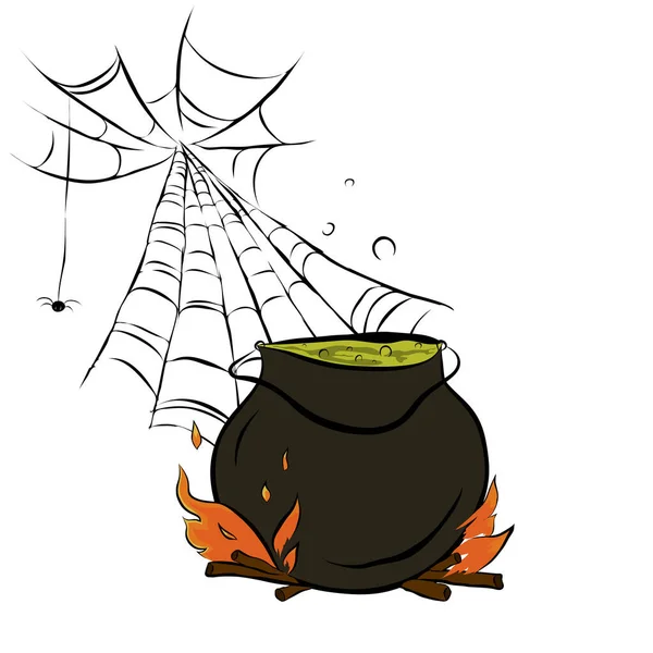 薬と小さなクモとWebで鍋を沸かします ハロウィンのシンボル ベクターイラスト — ストックベクタ