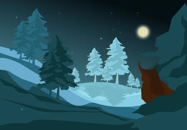 Paisaje Nocturno Invierno Con Árboles Navidad Búho Ilustración Vectorial — Vector de stock