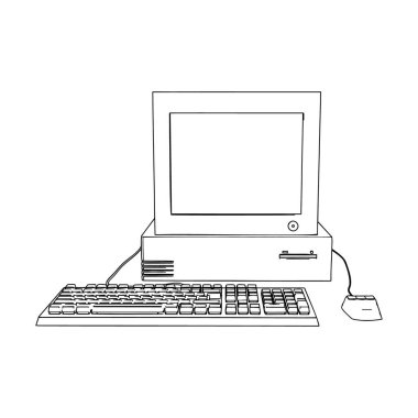 CRT Monitor, Klavye ve Kablolu Fare ile Masaüstü Bilgisayarı Renklendirme Ana Hattı. Vektör İllüstrasyonu.