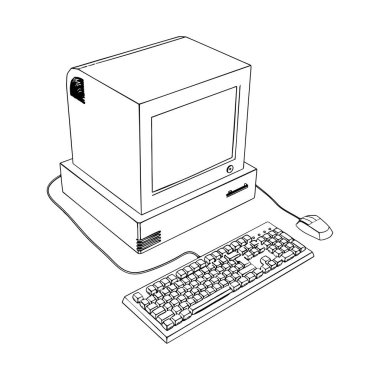 CRT Monitor, Klavye ve Kablolu Fare ile Masaüstü Bilgisayarı Renklendirme Ana Hattı. Vektör İllüstrasyonu.