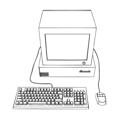 CRT Monitor, Klavye ve Kablolu Fare ile Masaüstü Bilgisayarı Renklendirme Ana Hattı. Vektör İllüstrasyonu.