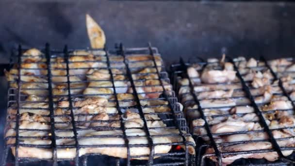 Pollo a la parrilla en la barbacoa. Pollo en la parrilla. Cocción de carne de pollo a la parrilla — Vídeo de stock