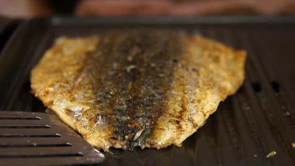 Caballa. Pescado a la plancha. Pescado en la parrilla. Chef está cocinando pescado — Vídeos de Stock