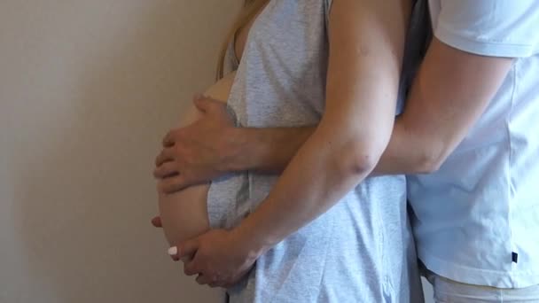 Мама и папа прикасаются к беременному животу. Беременная пара ласкает беременный живот . — стоковое видео