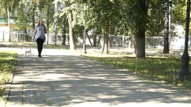 Vrouw lopen met de hond in park. Zwanger meisje. Zwangere vrouw in park — Stockvideo