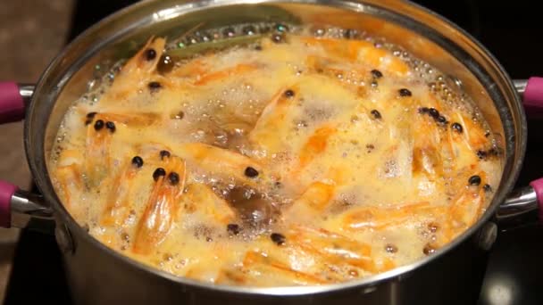 Cooking shrimp. Boiling shrimp. Chef cooking shrimp — Stock Video