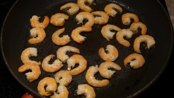 Cooking shrimp. Man frying shrimp. Chef cooking shrimp — Stock Video