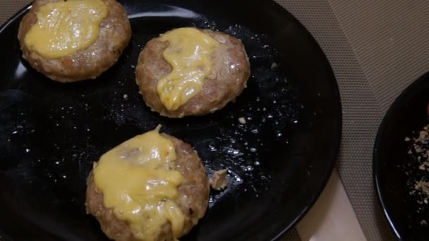 Chef a cozinhar hambúrgueres. A construir um hambúrguer. A rapariga cozinha hambúrguer. Hambúrguer — Vídeo de Stock