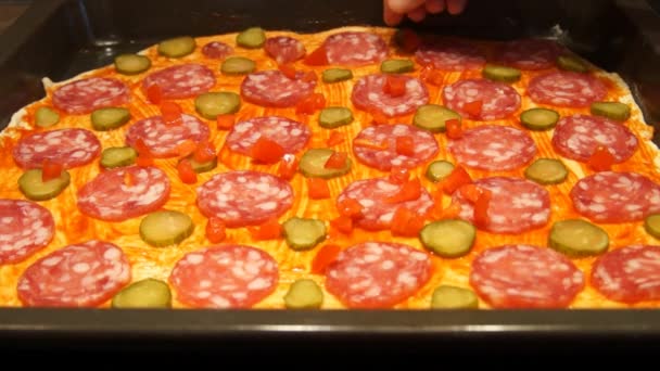 Chef-kok pizza bereiden. Het maken van pizza. Kookproces. Koken pizza. Tomaten — Stockvideo