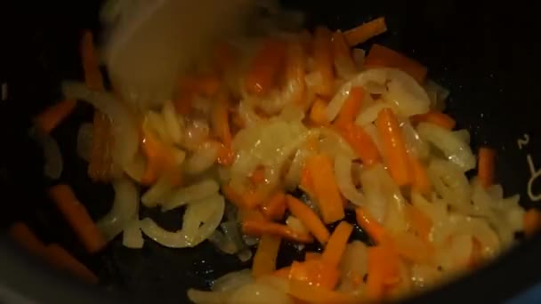 Vegetables frying. Vegetarian food. Chef cooking. Onion and carrot. Healthy food — Stock Video