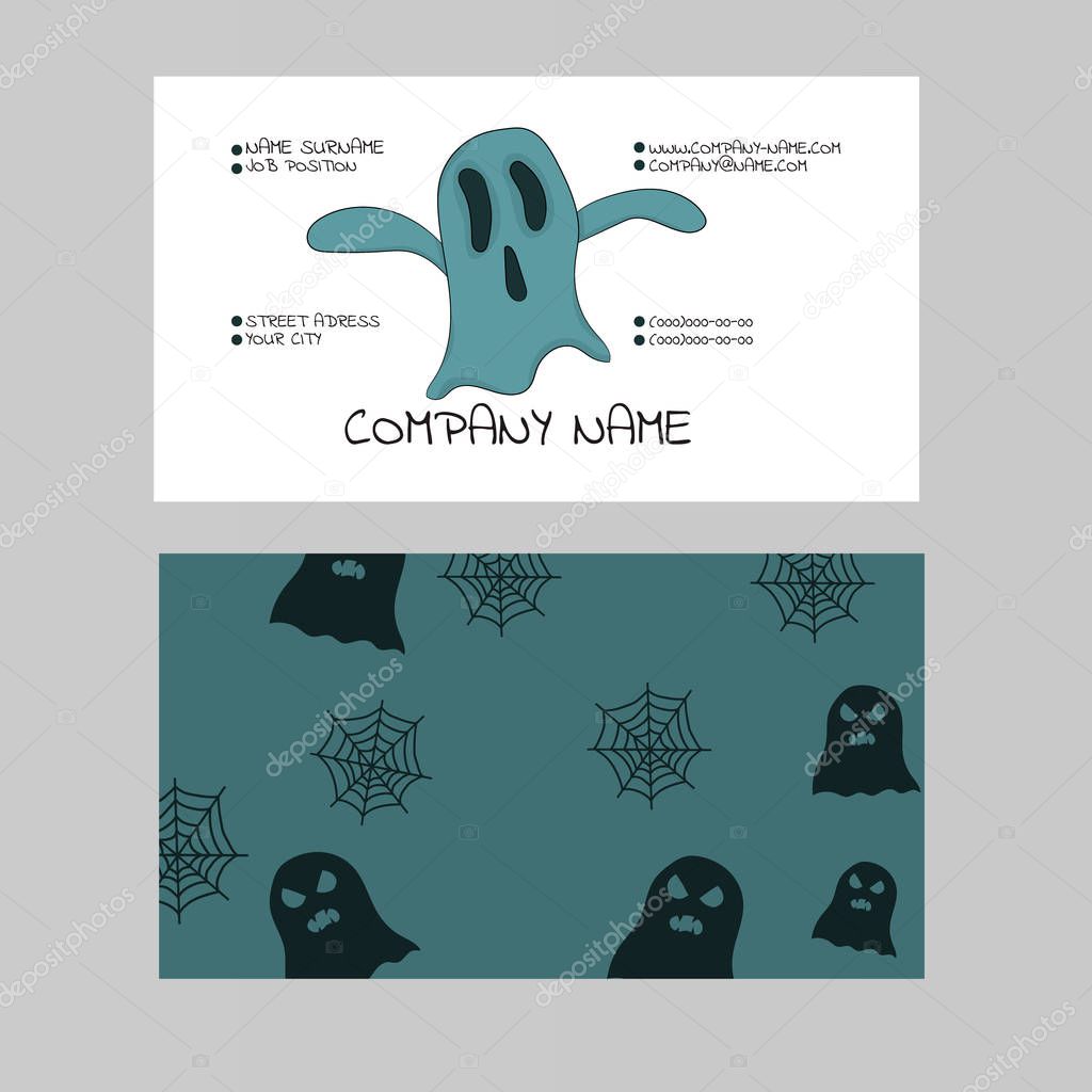 Template of a business card on a theme of a halloween with the image of a ghost. Vector illustration. Hand drawing