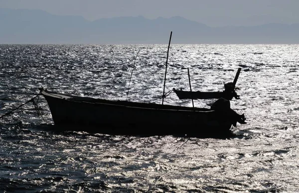 Kväll Landskap Röda Havet Och Fiske Båtar Siluett Sinai Seaside — Stockfoto