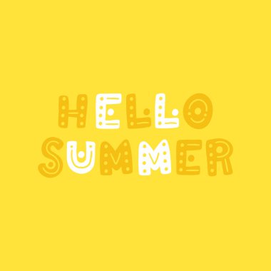 Merhaba yaz. Şirin el tebrik vektör çizim sezon çekilmiş. Kırmızı, kahverengi, bej ve turuncu izole dekoratif komik mektuplar