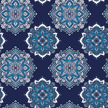 Mandala dekoratif sorunsuz vektör desen. Sürekli değişen çiçek süsler ile mavi arka plan. Etnik el çekilmiş doku