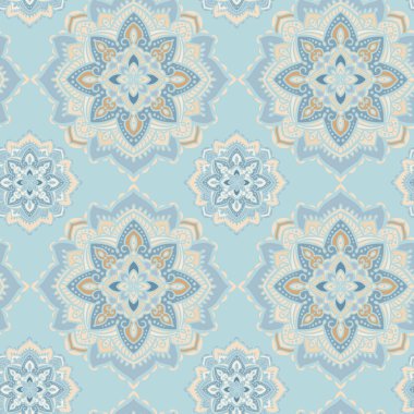 Mandala dekoratif sorunsuz vektör desen. Tatlı mavi ve bej sürekli değişen arka plan. Pastel doku ded kumaşlar ve ev dekor için