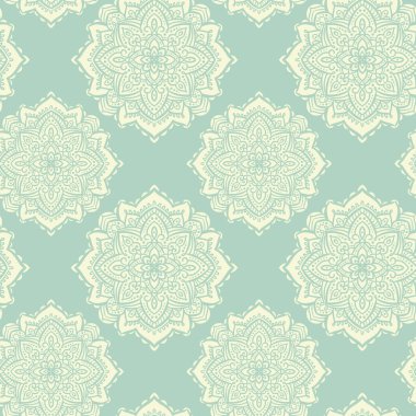 Mandala dekoratif sorunsuz vektör desen. Tatlı nane ve bej tek renkli sürekli değişen arka plan. Pastel doku kumaşlar ve ev dekor için