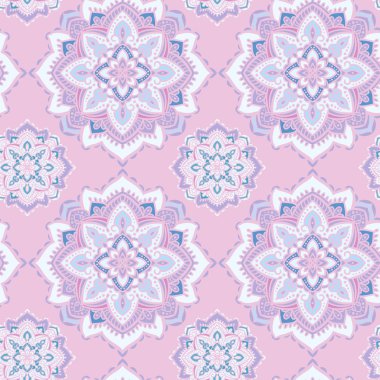 Mandala dekoratif sorunsuz vektör desen. Tatlı pembe, plue ve mor sürekli değişen arka plan. Pastel doku ded kumaşlar ve ev dekor için