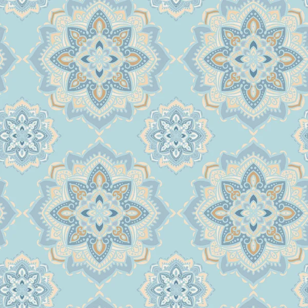 Mandala dekoratif sorunsuz vektör desen. Tatlı mavi ve bej sürekli değişen arka plan. Pastel doku ded kumaşlar ve ev dekor için