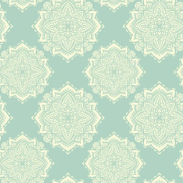 Mandala dekoratif sorunsuz vektör desen. Tatlı nane ve bej tek renkli sürekli değişen arka plan. Pastel doku kumaşlar ve ev dekor için