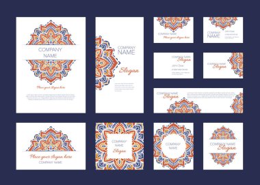 Kimlik etnik tasarım vektör şablon kümesi. Kırmızı, mavi ve turuncu mandala süsler. Kartı, kartpostal, kartvizit ve davet grafik