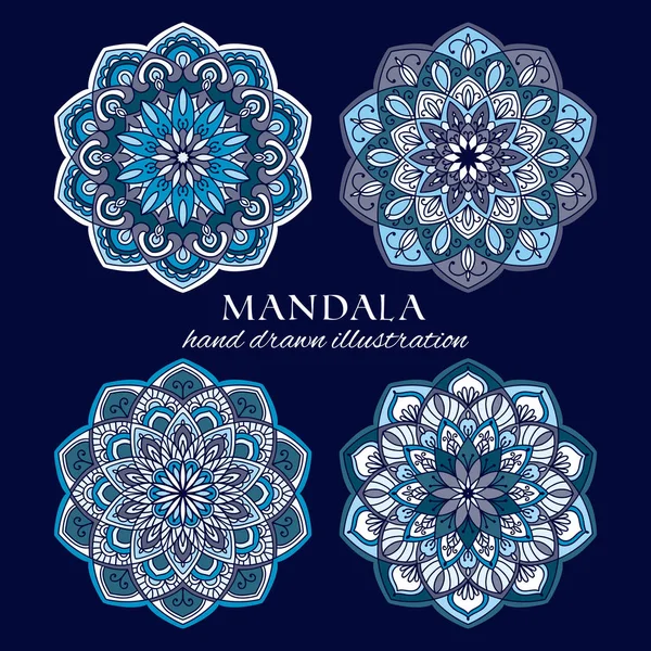 Conjunto Ilustrações Vetoriais Desenhadas Mão Mandala Azul Ornamentado Elementos Design — Vetor de Stock