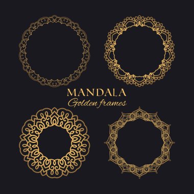 Mandala vektör yuvarlak lüks tasarım kümesi çerçeveler. Siyah arka plan üzerine farklı etnik altın grafik öğeleri