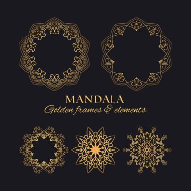 Mandala vektör yuvarlak lüks tasarım kümesi çerçeveler. Markalar, logolar ve kimlik için siyah arka plan üzerine altın dekoratif grafik öğeleri koleksiyonu