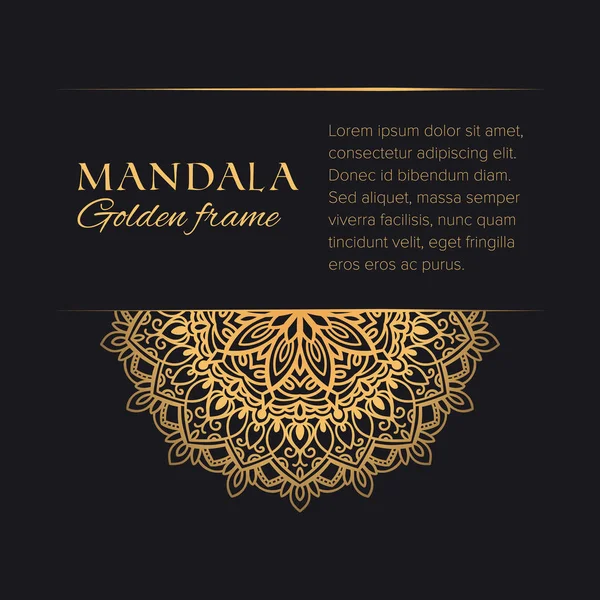 Mandala vector round border luxury design. Golden decorative graphic element on black background. Premium vertical template with sample text