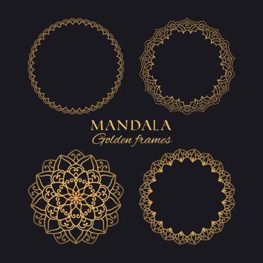 Mandala vektör yuvarlak çerçeve kümesi. Arapça koleksiyonu lüks tasarım süsler. Siyah zemin üzerine altın dekoratif grafik öğeleri