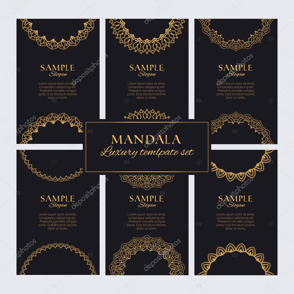 Mandala design template vector collection. Set of luxury golden arabic ornaments and round frames for identity, web, prints and decor