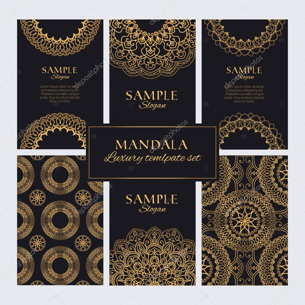 Mandala design template vector collection. Set of luxury golden oriental decorative ornaments and patterns for identity, web and prints