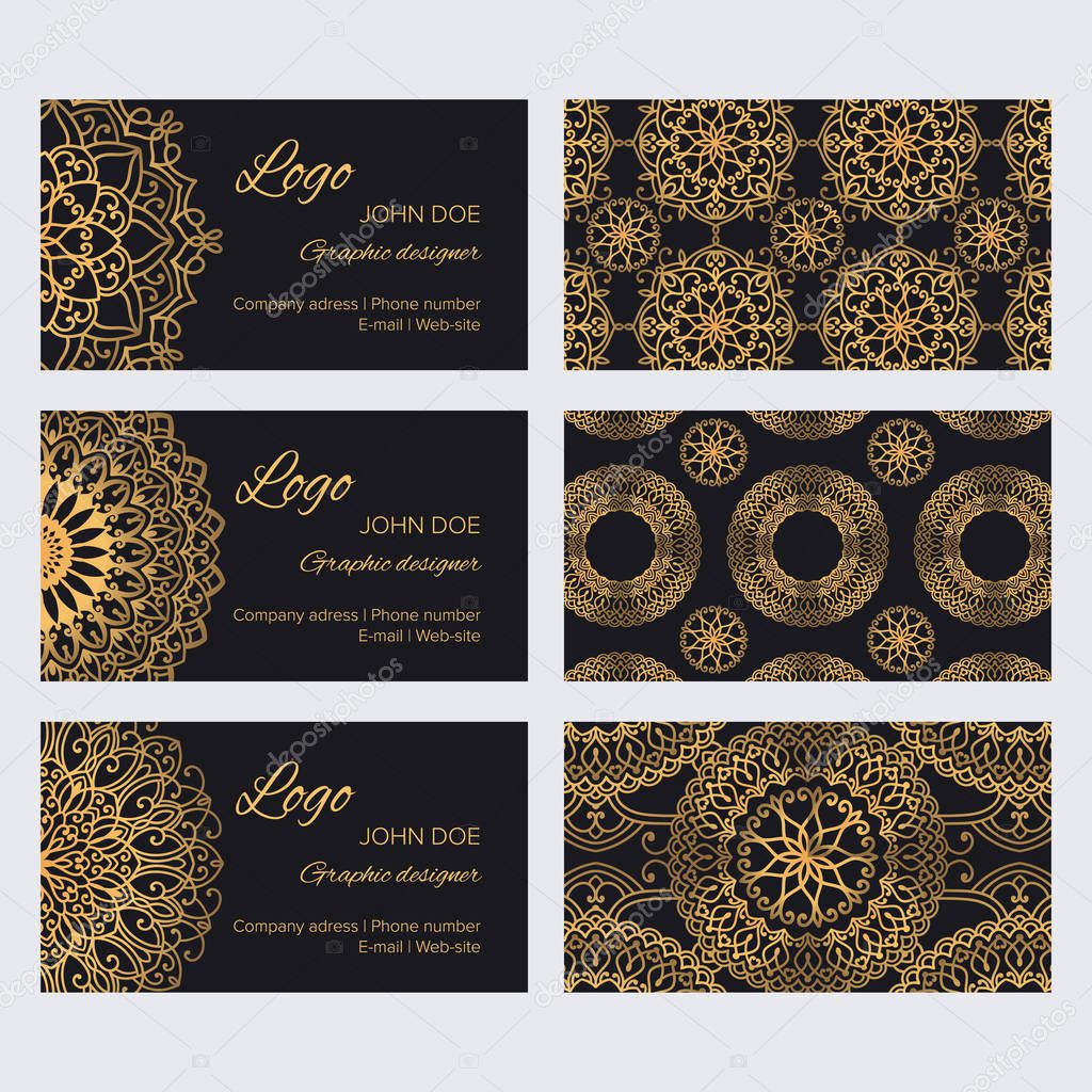 Mandala business card design template vector collection. Set of luxury golden indian ornaments and patterns for identity, web and prints with sample text
