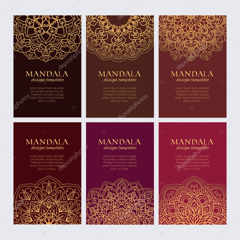 Mandala design template vector collection. Set of luxury golden arabic ornaments on brown and red backgrounds for identity, web and decor