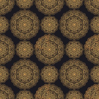 Mandala altın vektör seamless modeli. Lüks damasko geometrik doku. Siyah ve altın süslü zarif arka plan sigorta primi kumaşlar, tasarım, kimlik ve dekor için
