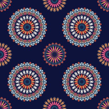 Mandala renkli vektör seamless modeli. Soyut geometrik doku. Elle çizilmiş arka plan mavi, turuncu ve pembe renklerde dekoratif elemanları ile