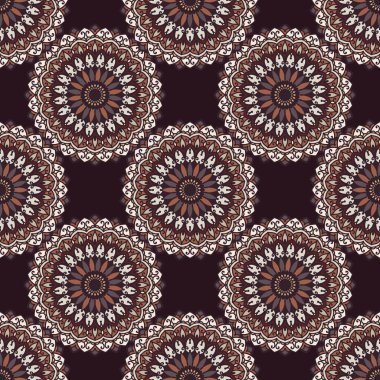 Mandala renkli vektör seamless modeli. Soyut geometrik doku. El kahverengi renklerde arka plan dekoratif elemanları ile çekilmiş