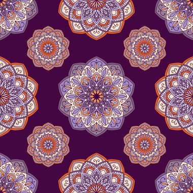 Mandala renkli vektör seamless modeli. Soyut geometrik doku. Mor, mor ve turuncu renklerde dekoratif elemanları ile elle çizilmiş arka plan
