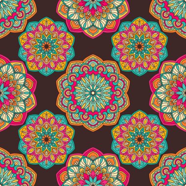 Mandala renkli vektör seamless modeli. Soyut geometrik doku. Pembe, mavi ve kahverengi renklerde dekoratif elemanları ile elle çizilmiş arka plan