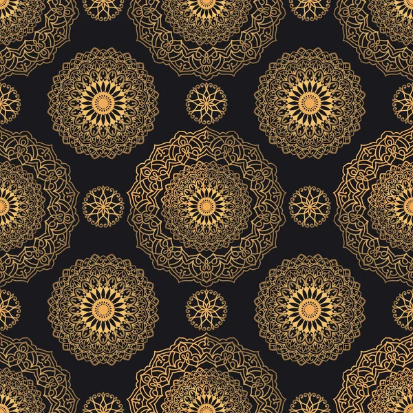 曼荼罗金色矢量无缝图案 奢华的锦缎几何纹理 黑色和金色华丽典雅的面料 标识和装饰的背景 — 图库矢量图片