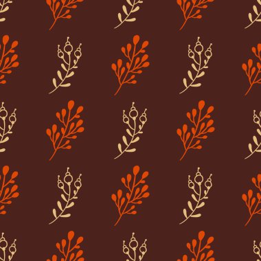 Rahat sonbahar el sorunsuz vektör desen çekilmiş. Orman yaprakları ve otlar koyu kahverengi zemin. Güzel botanik doku tasarım