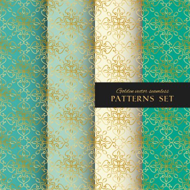 Kraliyet süslü vektör Dikişsiz desen koleksiyonu. Oryantal altın, mavi ve nane yeşil arka plan ayarlayın. Duvar kağıtları, ev tekstili ve dekorasyonu için şık dokular